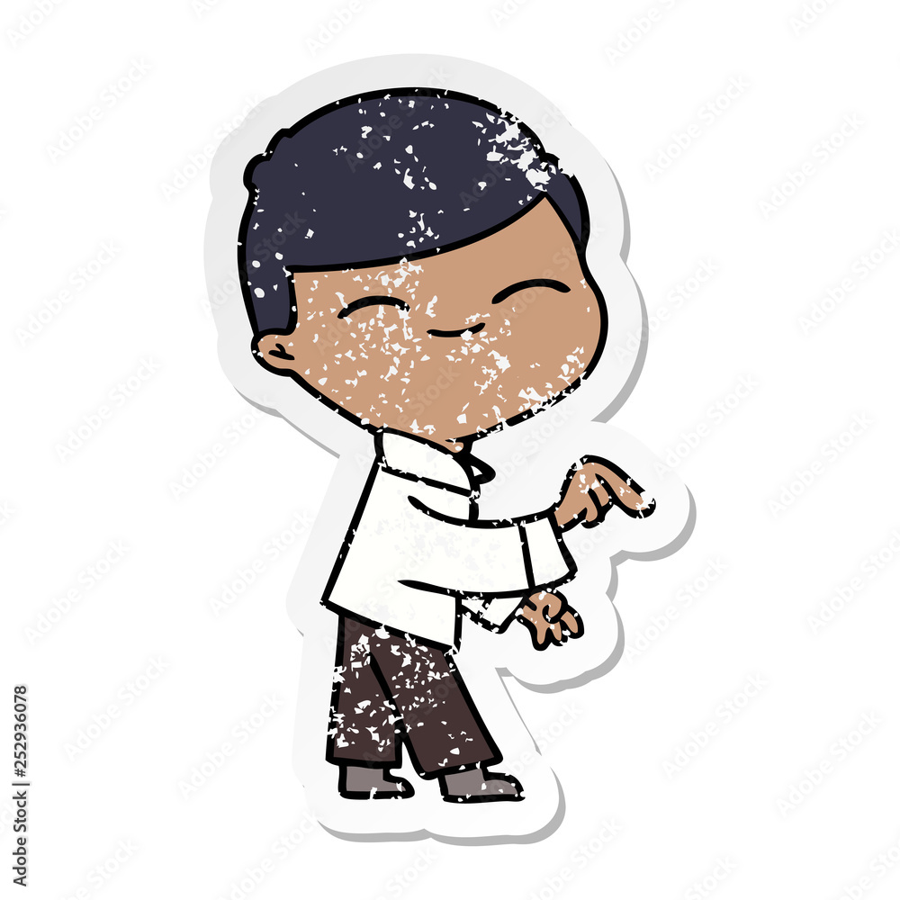 distressed sticker of a cartoon smiling boy pointing distressed sticker of a cartoon smiling boy pointing