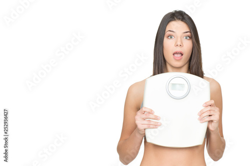 Time to check your weight. Studio shot of a beautiful female holding scales looking surprised isolated on white copyspace on the side