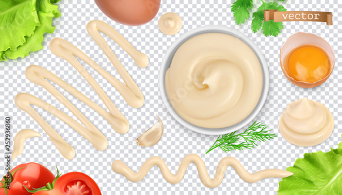 Mayonnaise sauce. 3d vector realistic set photo