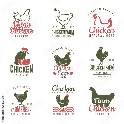 Pollo labels. Fast food chicken logotypes badges farm meat of bird vector template. Illustration of bird farm, chicken label food