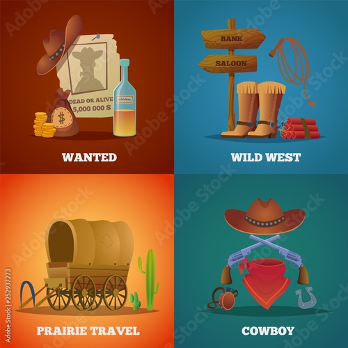 Wild west collections. Western cowboys horse lasso saloon and guns vector symbols. Poster of wanted in wild west, cowboy and prairie travel, dynamite and gun illustration