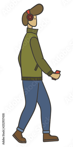 Drawn vector colored illustration of a man with stylish haircut in bright wireless headphones listening to music