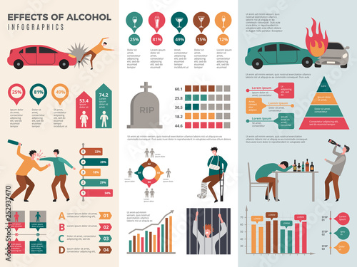 Alcoholism infographics. Dangerous drunk driver alcoholic health vector template with graphics and charts. Effect of alcohol infographic, driver acciden illustration
