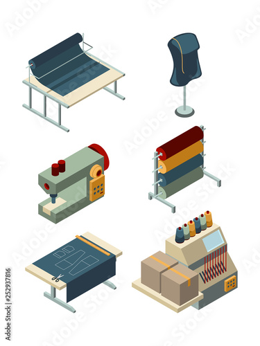 Textile isometric. Industrial sewing factory machinery production garments manufacturing vector collection. Equipment isometric for textile factory, set of machine illustration