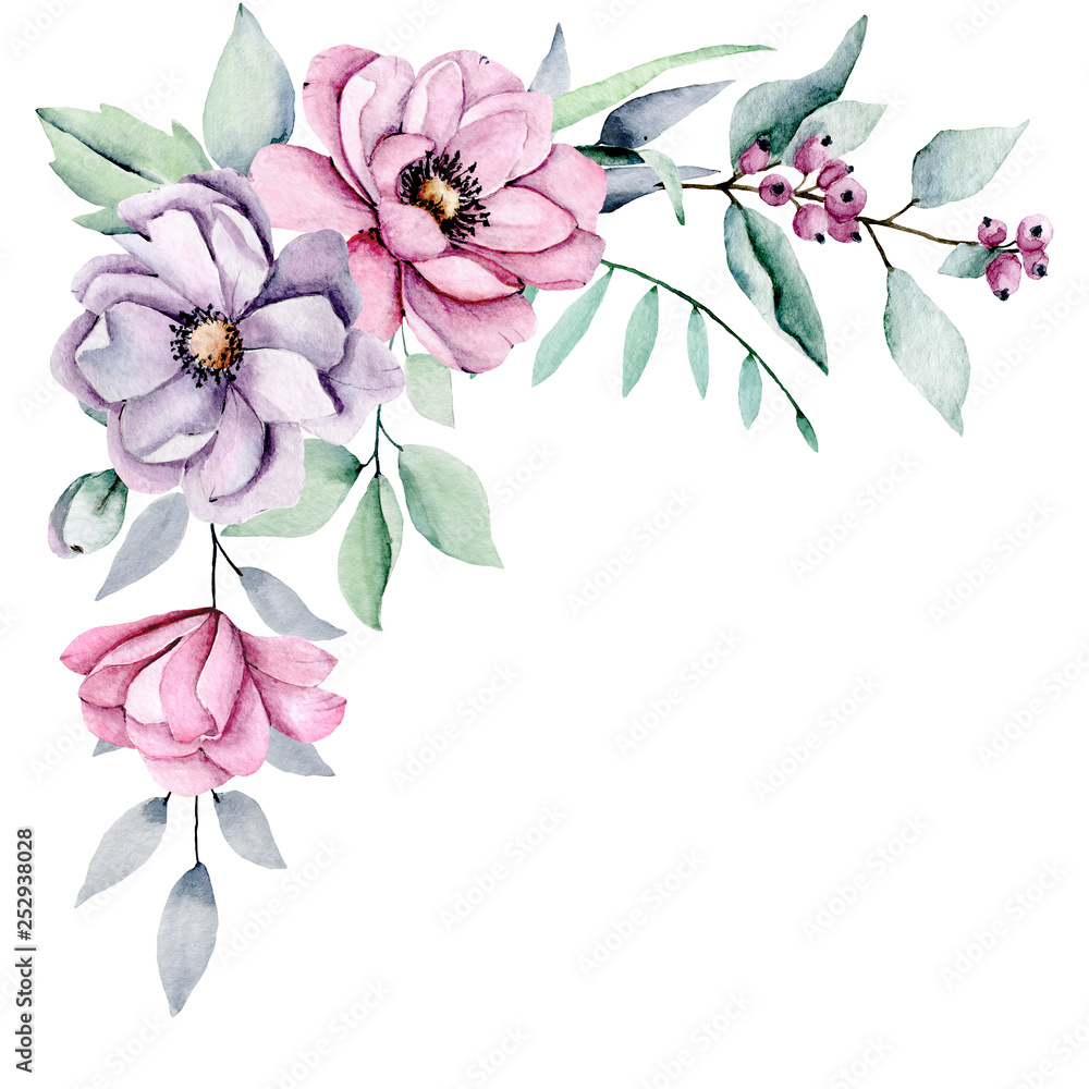 Summer flowers watercolor, pink and violet peonies. Floral clip art ...