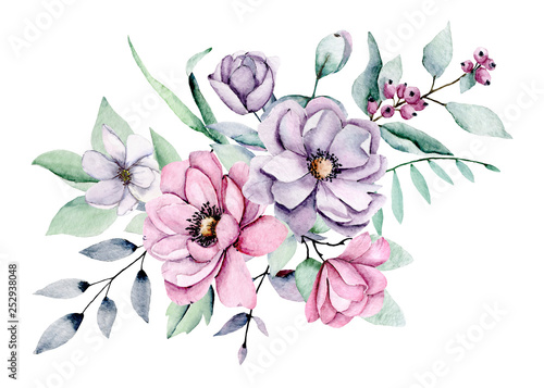 Summer flowers watercolor, pink and violet peonies. Floral clip art. Perfectly for print design on invitation, greeting card, wall art and other. Isolated on white background. Hand paint.