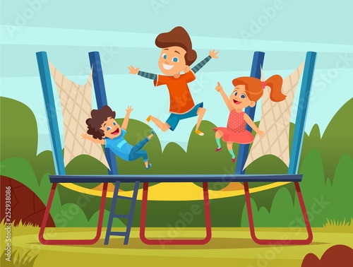 Jumping trampoline kids. Active children games on playground vector cartoon background. Trampoline game, boy and girl bounce