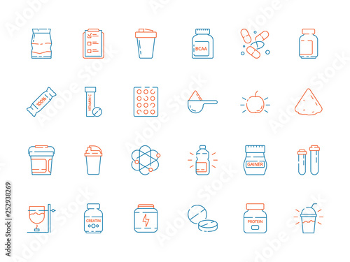 Sport supplement food. Fitness nutrition pills protein shake and bottles vector thin colored icons. Sport whey and protein for bodybuilding, supplement to muscle illustration