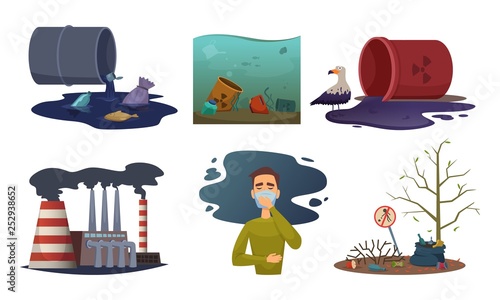 Nature pollution. Environment exhaust car contamination waste air toxic vector concept illustrations. Illustration of pollution toxic in air, contamination environmental