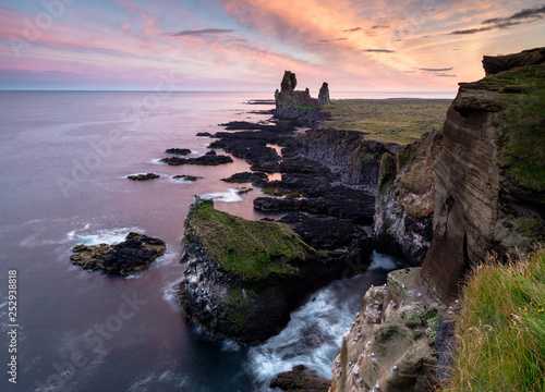 Londrangar cliffs at dramatic and colorful sunset, Snaefellsnes peninsula, Iceland