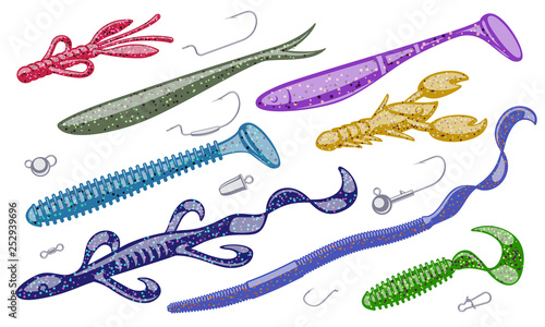 Mixed kinds of soft plastic baits and tackles. 