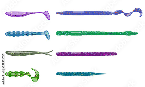 Different varieties of soft plastic baits. 