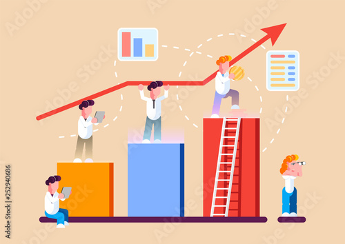 Strategy of long term planning vector illustration. Businessman building up analyzing project financial report and successful business development. 