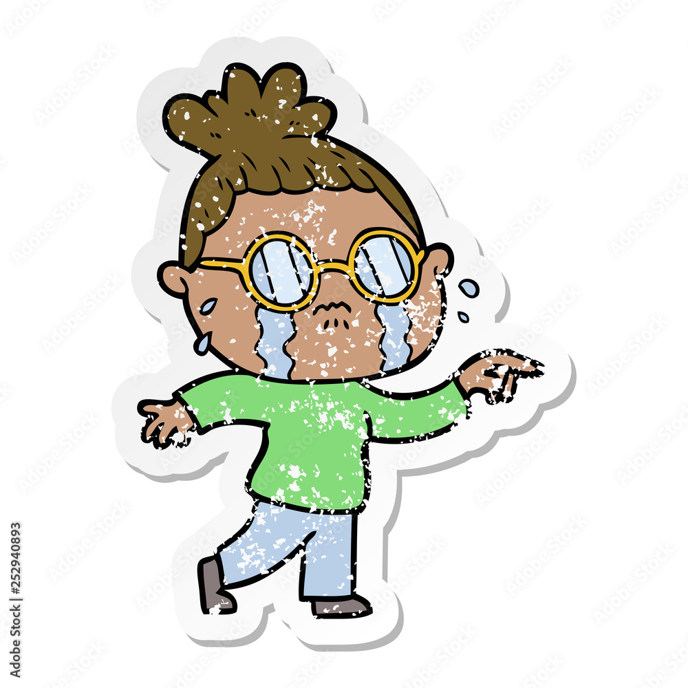 distressed sticker of a cartoon crying woman wearing spectacles distressed sticker of a cartoon crying woman wearing spectacles