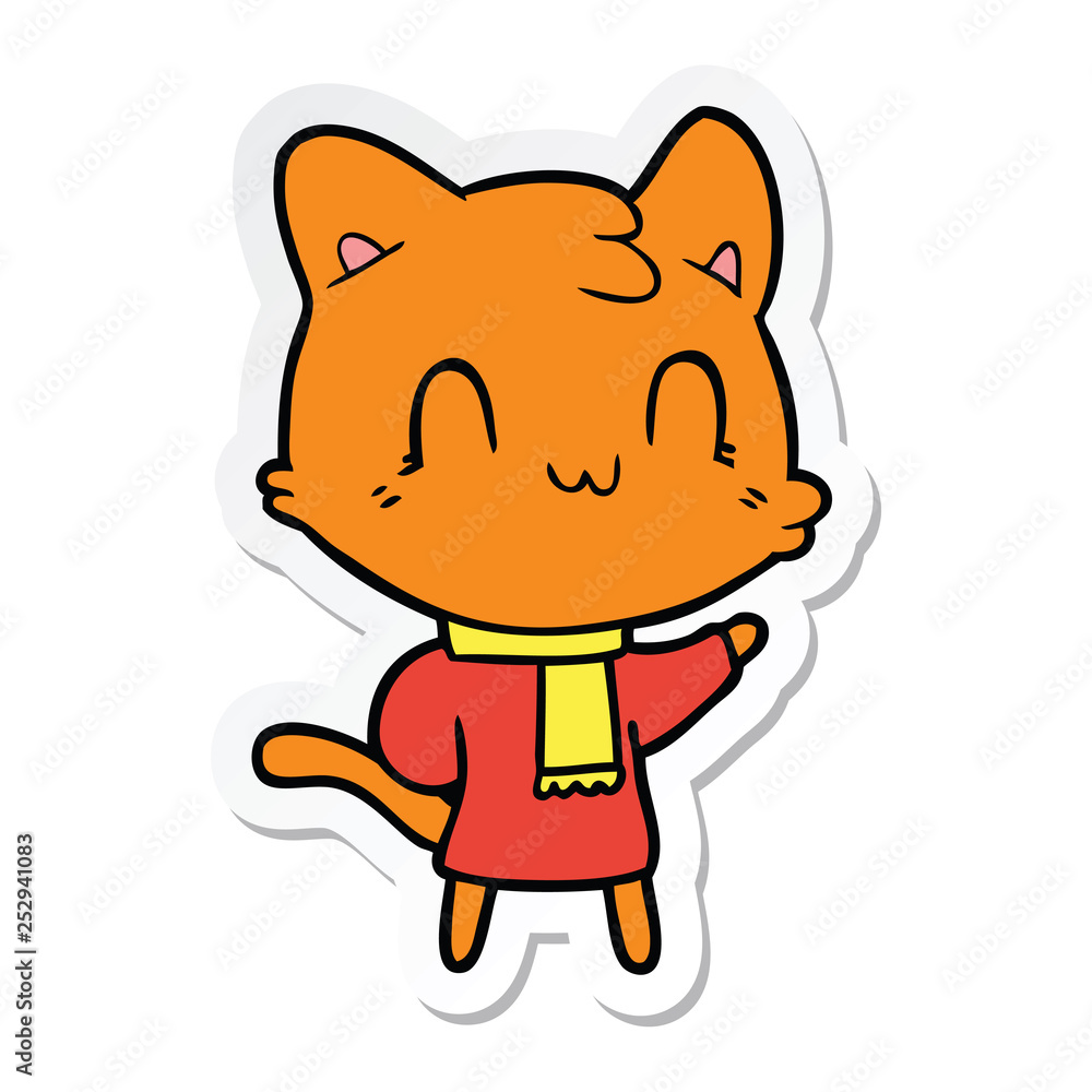sticker of a cartoon happy cat wearing scarf sticker of a cartoon happy cat wearing scarf