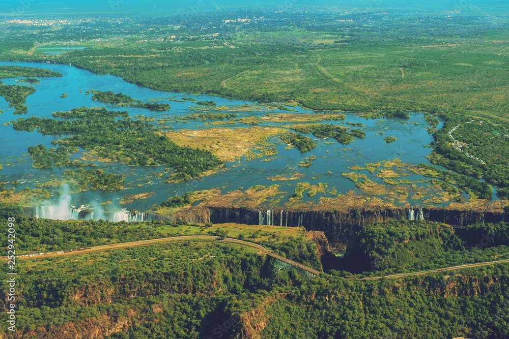 Victoria falls and Zambezi River from the air, Zimbabwe