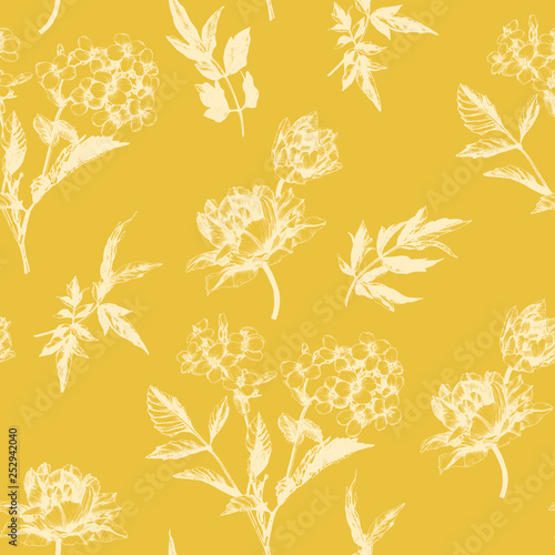 Vector floral seamless pattern with tulips and jasmine on yellow background