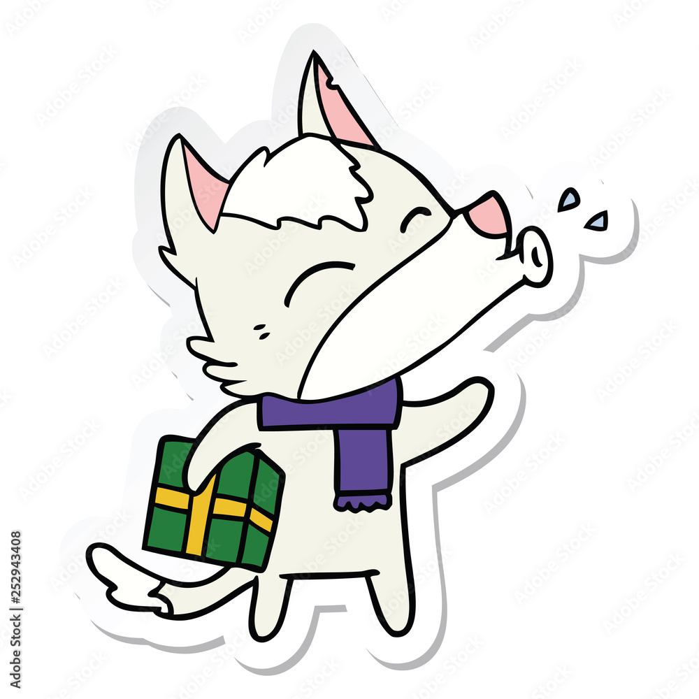 sticker of a howling wolf with christmas present sticker of a howling wolf with christmas present