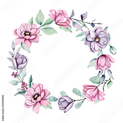 Wreath with peonies , watercolor pink and violet flowers. Floral summer frame isolated on white background. Hand drawing. Perfectly for wedding, birthday, party, other greetings design.