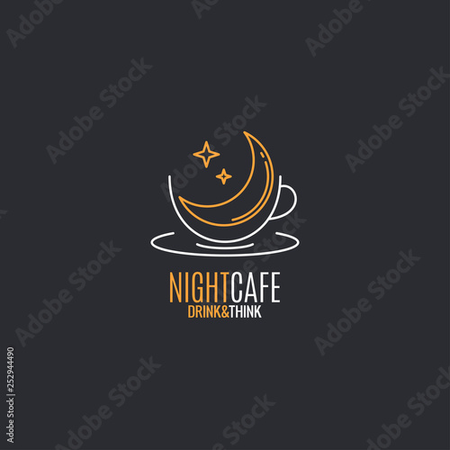 Coffee cup logo. Night coffee with moon linear
