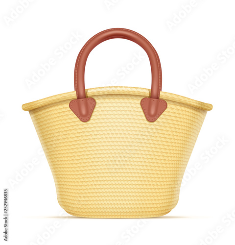 Straw shopping bag. Eco wicker basket for products. Chaff handbag. Isolated white background. Eps10 vector illustration.
