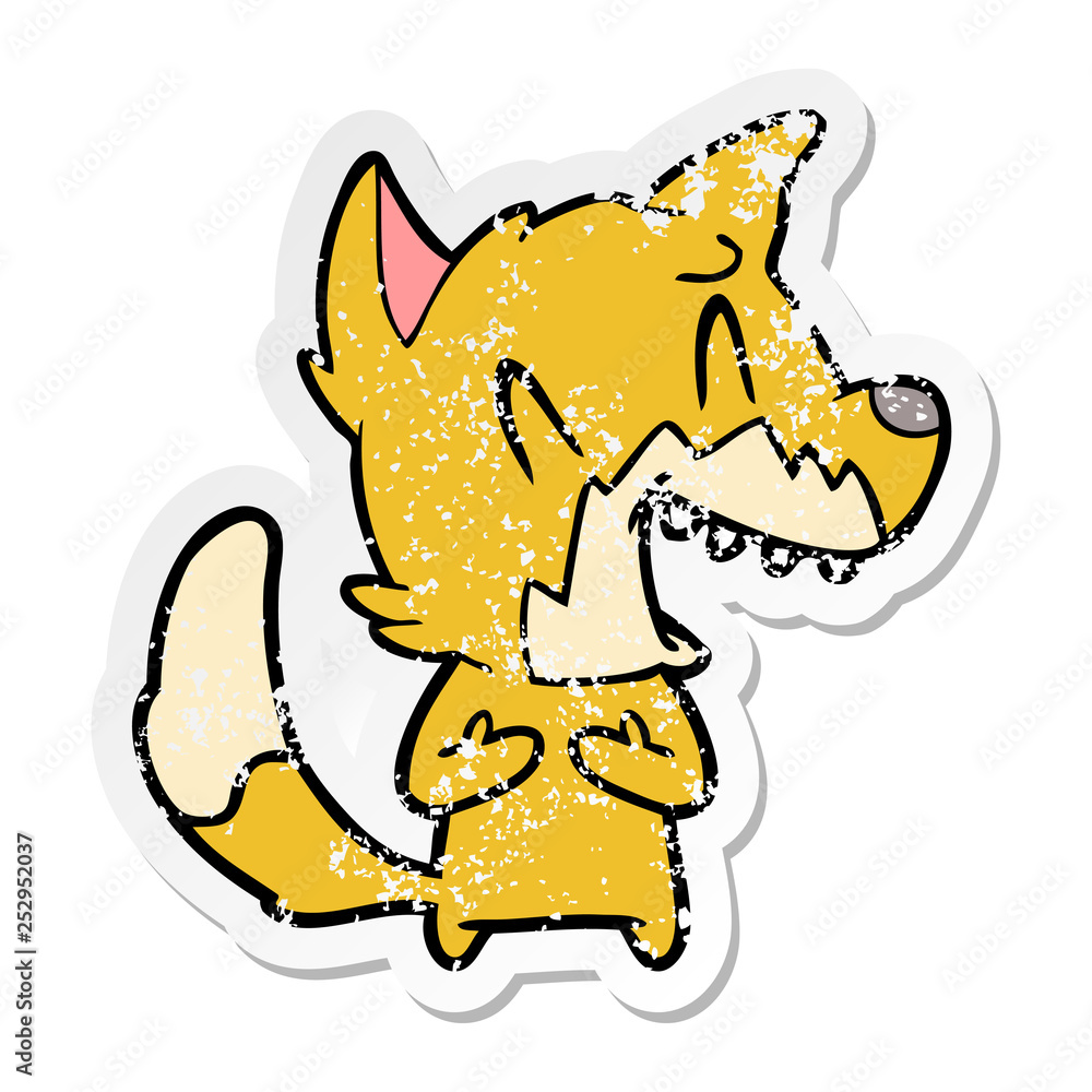distressed sticker of a laughing fox cartoon distressed sticker of a laughing fox cartoon