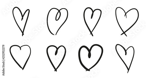 Hand drawn grunge hearts on isolated white background. Set of love signs. Unique image for design. Black and white illustration. Elements for design