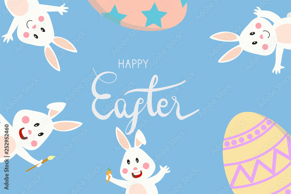 Obraz premium happy easter lettering with bunny rabbit and easter egg, hold carrot and wave hand. Concept for banner, poster, greeting card for Easter festival in vector 