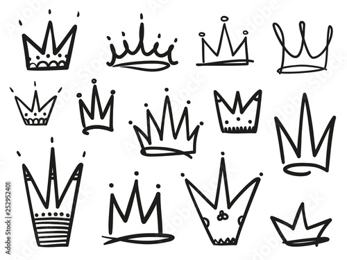 Infographic elements on isolation background. Collection of crowns on white. Signs for design. Hand drawn simple objects. Line art. Black and white illustration. Elements for posters and flyers