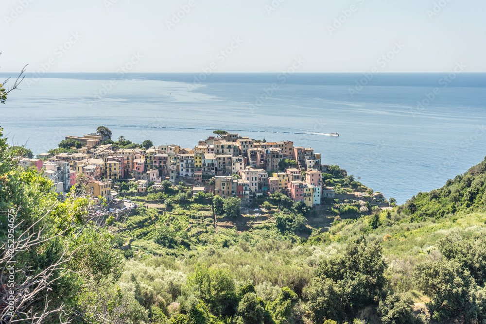 Italy, Cinque Terre, Corniglia, HIGH ANGLE VIEW OF BUILDINGS AND SEA AGAINST SKY