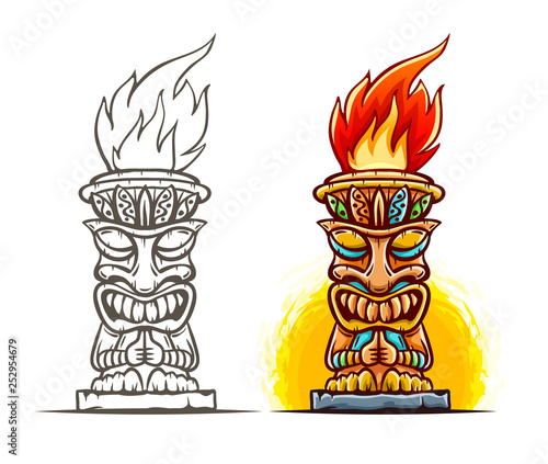 Tiki traditional hawaiian tribal mask with human face and burning fire. Wooden totem symbol, god from ancient culture of Hawaii. Hand drawn in cartoon style, isolated on white. Eps10 illustration.