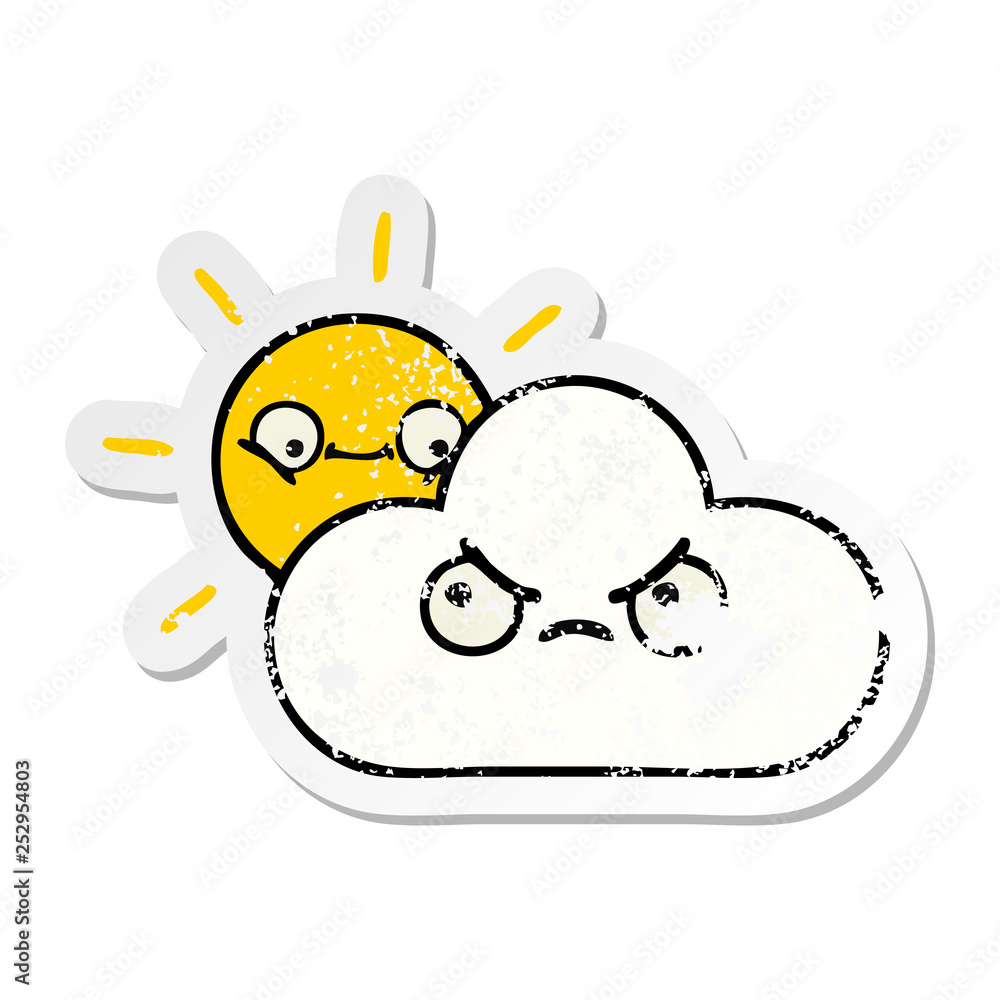 distressed sticker of a cute cartoon sunshine and cloud distressed sticker of a cute cartoon sunshine and cloud