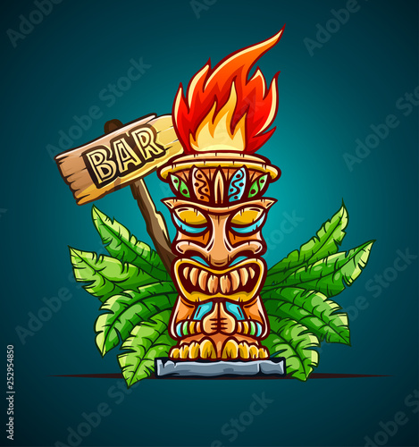 Banner with Tiki ethnic traditional tribal mask. Totem symbol with human face from hawaiian culture in green palm jungle leaves. Cocktail bar sign design. Eps10 vector illustration.