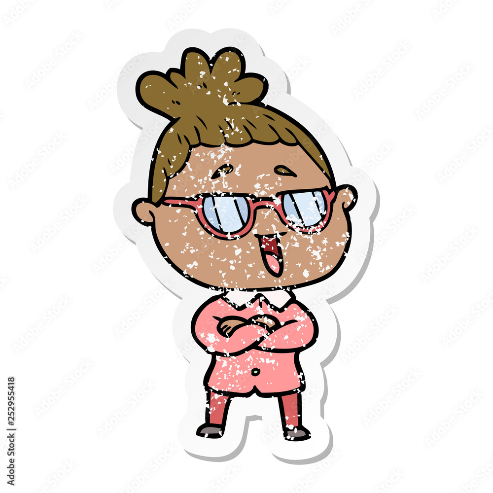 distressed sticker of a cartoon happy woman wearing spectacles