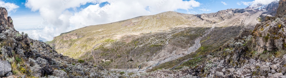 Panoramic view taken from the Barranco Wall overlooking the Baranco camp and its surrounding valley on the Machame hiking route of Mount Kilimajaro, Tanzania. The last of the days hikers are leaving.