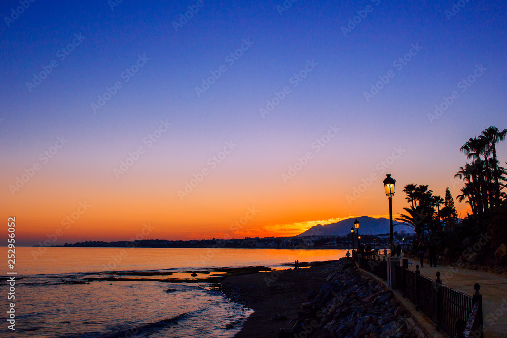 Sunset landscape. View of Puerto Banus, Marbella. Costa del Sol, Andalusia, Spain. Picture taken – 3 March 2019.