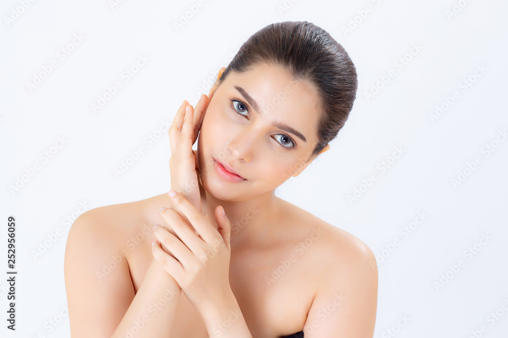 Portrait of beautiful woman asian makeup of cosmetic, girl hand touch cheek and smile attractive, face of beauty perfect with wellness isolated on white background with skin healthcare concept. Portrait of beautiful woman asian makeup of cosmetic, girl hand touch cheek and smile attractive, face of beauty perfect with wellness isolated on white background with skin healthcare concept.
