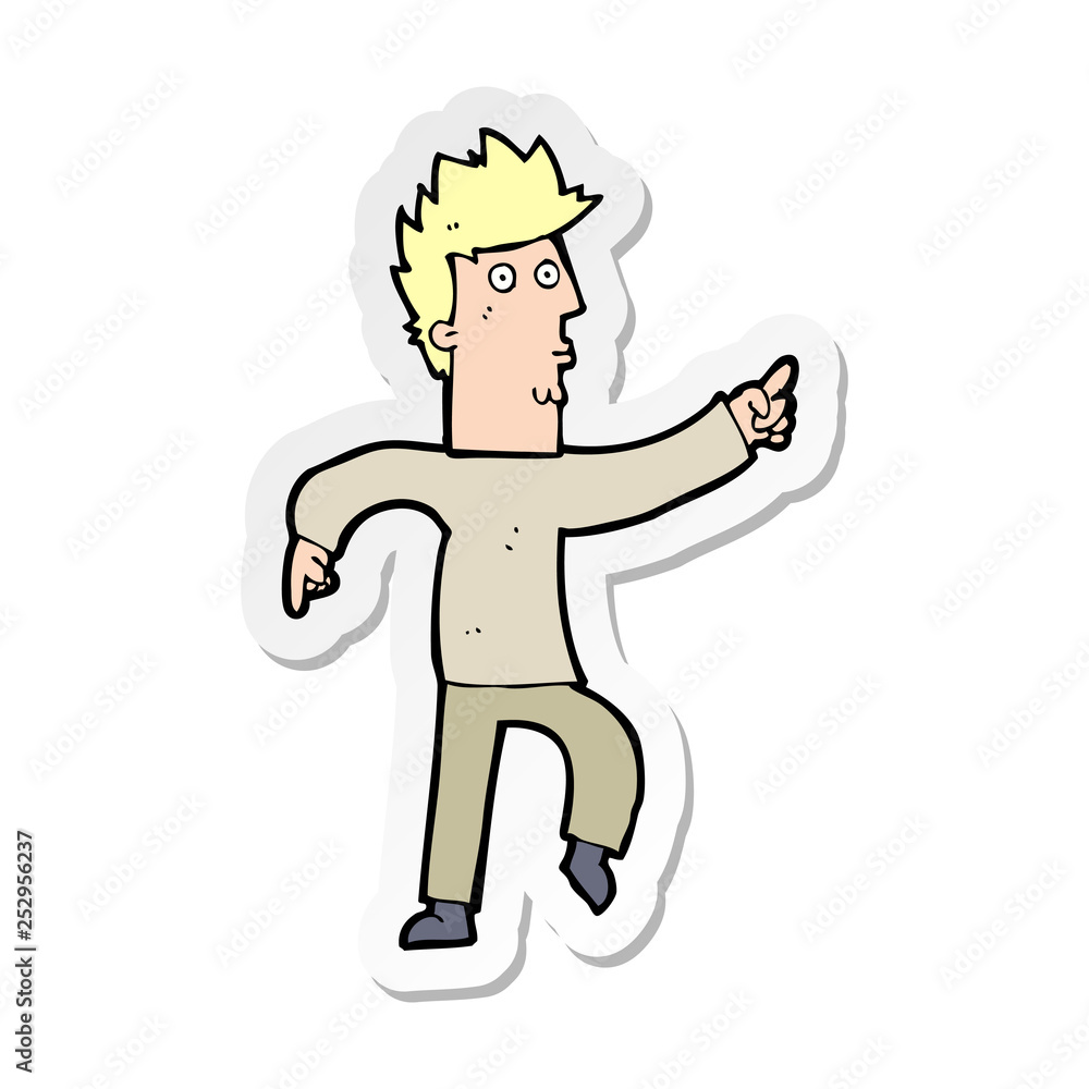sticker of a cartoon worried man pointing sticker of a cartoon worried man pointing