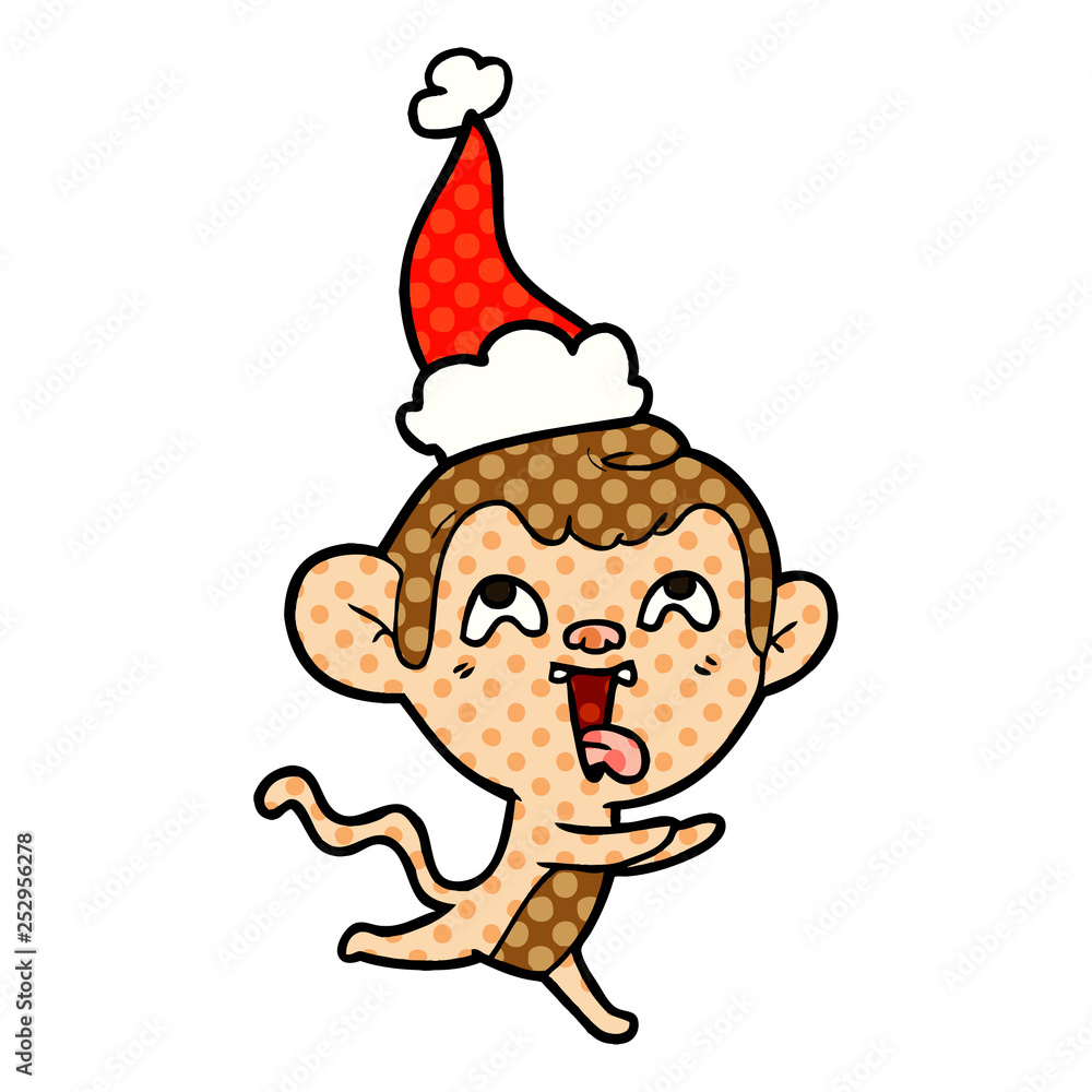 Fototapeta premium crazy comic book style illustration of a monkey running wearing santa hat
