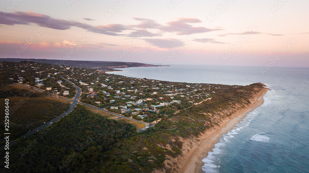 Fototapeta premium Aerial View of Great Ocean Road at Sunset, Victoria, Australia
