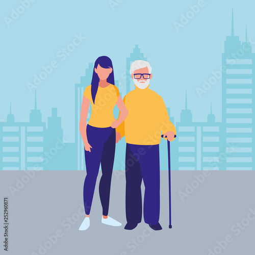 cute grandfather with daughter characters