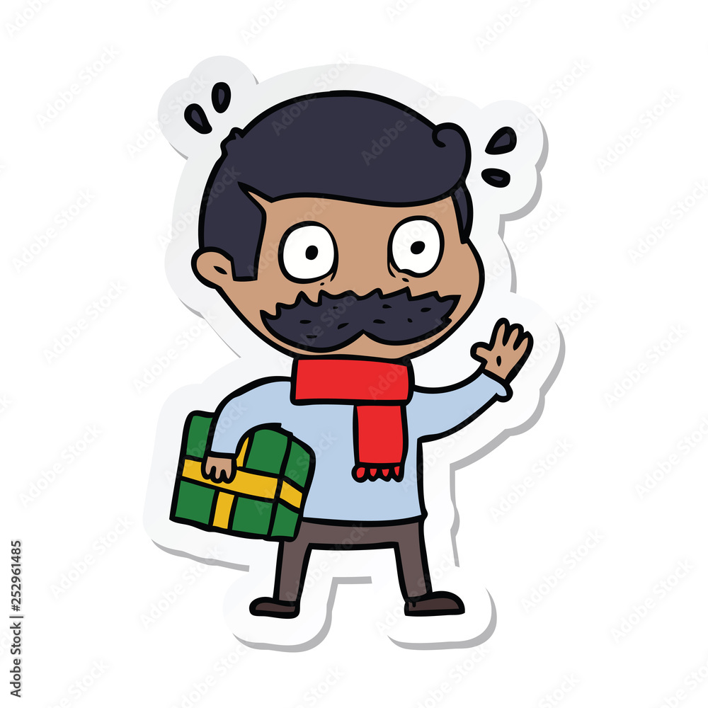 sticker of a cartoon man with mustache and christmas present