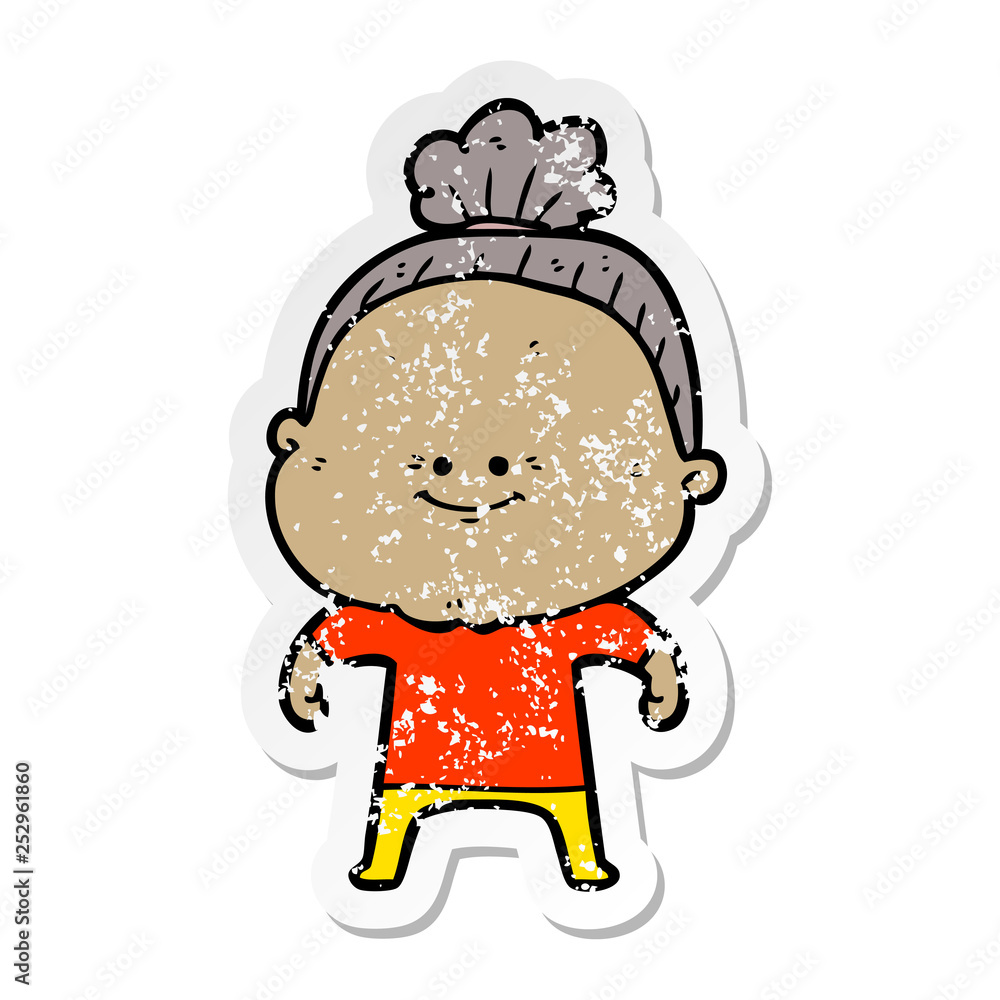 distressed sticker of a cartoon happy old woman distressed sticker of a cartoon happy old woman