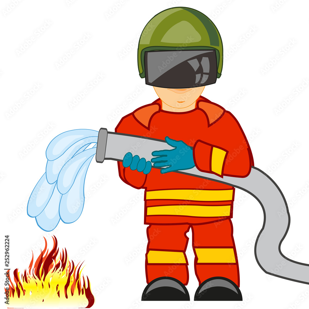 Fireman in worker defensive suit extinguish fire Fireman in worker defensive suit extinguish fire