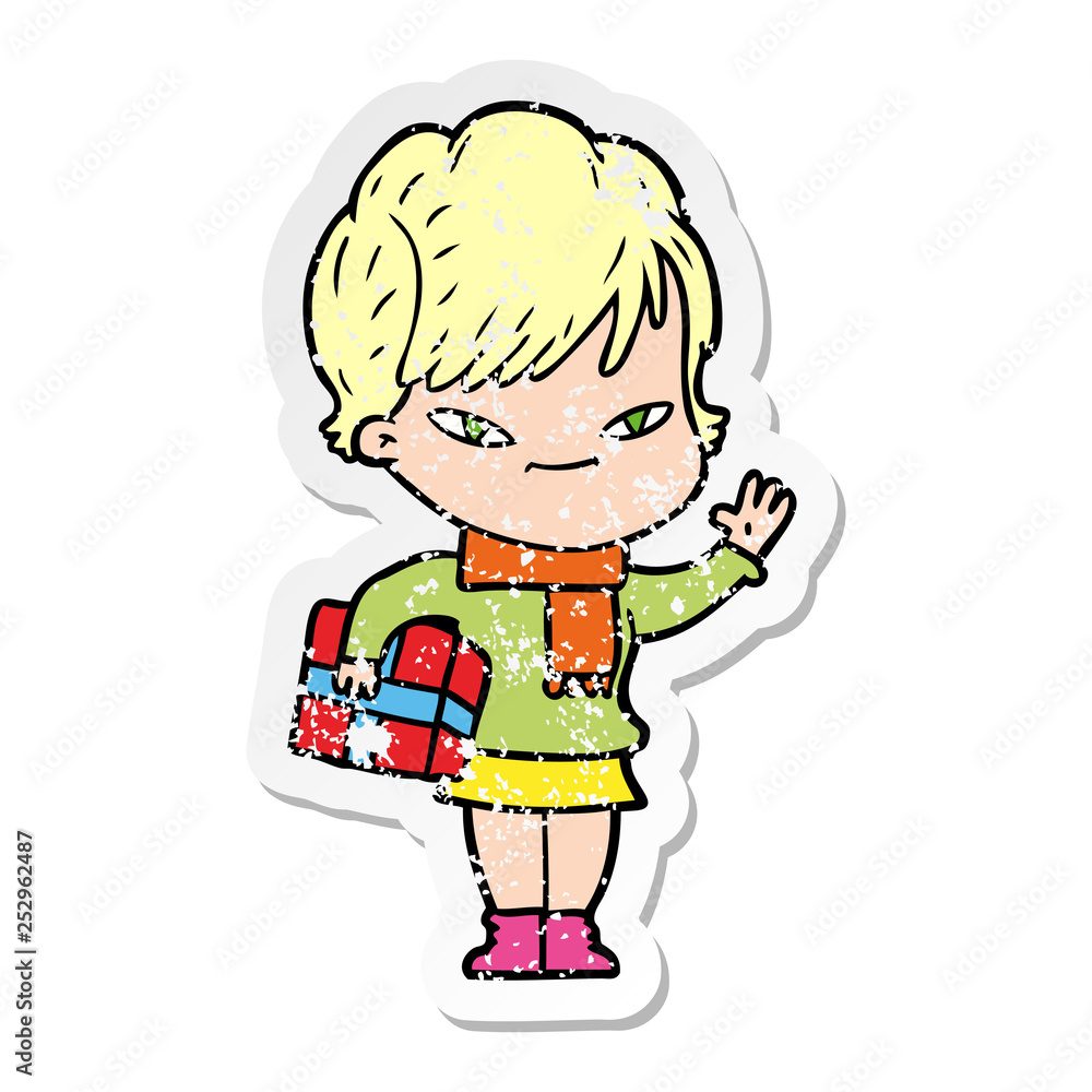 distressed sticker of a cartoon happy woman distressed sticker of a cartoon happy woman