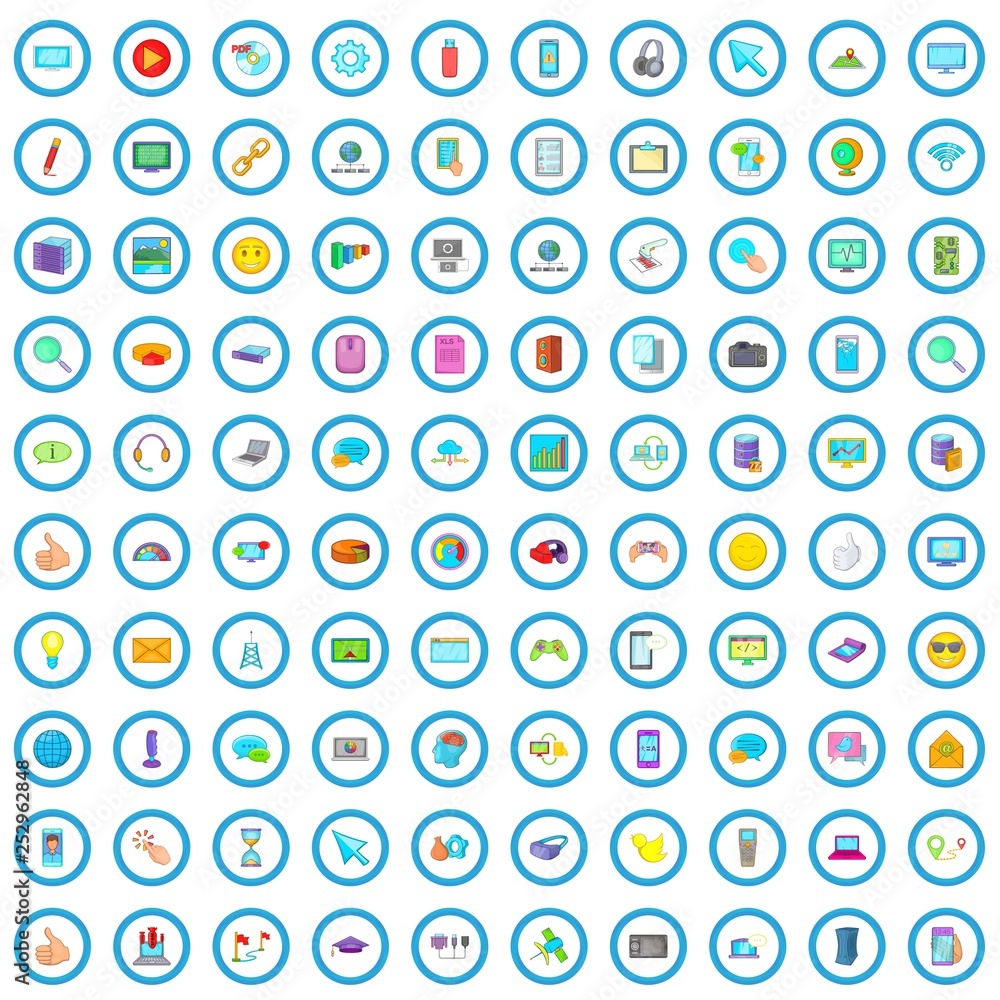 100 computer network icons set in cartoon style for any design vector illustration
