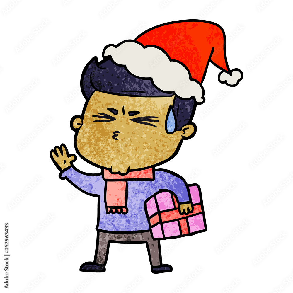 textured cartoon of a man sweating wearing santa hat textured cartoon of a man sweating wearing santa hat