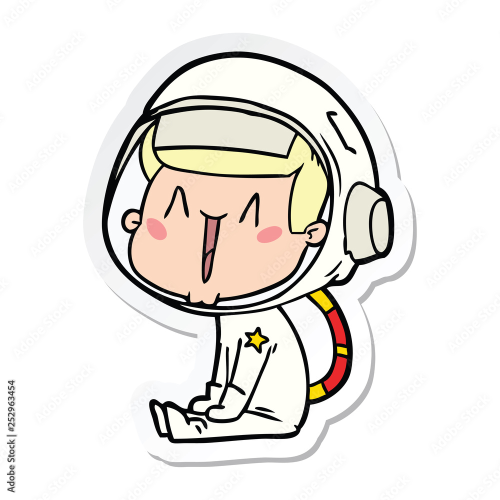sticker of a happy cartoon astronaut sitting