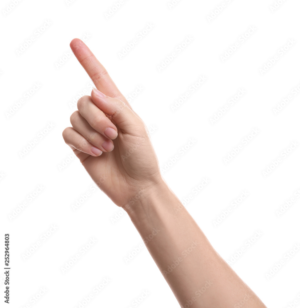Woman pointing at something on white background, closeup of hand Woman pointing at something on white background, closeup of hand