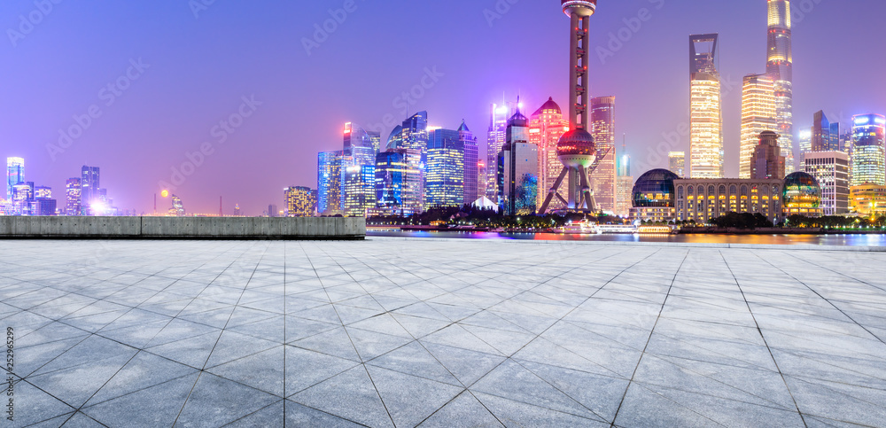 Shanghai Lujiazui financial district city scenery and empty square ground